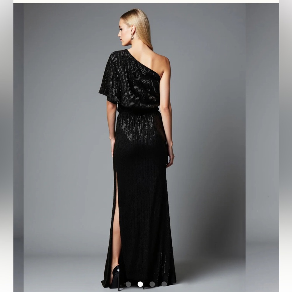 Dress Day Black Sequin One Shoulder Maxi Dress Slit Knit Size M - Picture 2 of 5